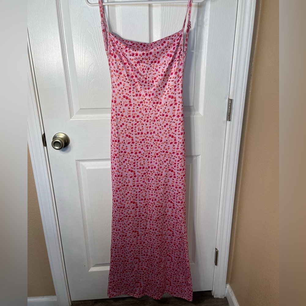 Long pink spaghetti strap dress with drape neck line